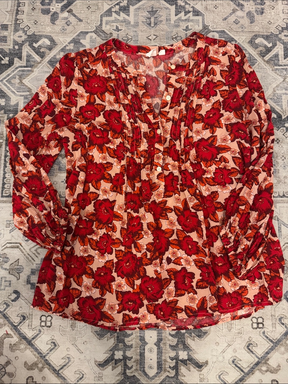 Gap Floral Pintuck Peasant Blouse Red Orange Long Sleeve Small